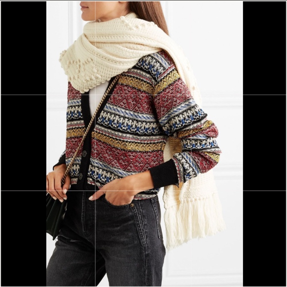 SAINT LAURENT PARIS Aran Wool Ivory Fringed Embroidered Wool Scarf